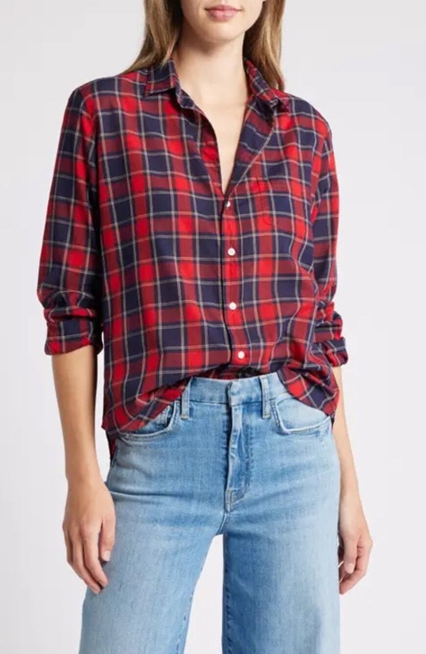 Frank & Eileen Barry Red Navy Plaid Button Up Shirt Size XS